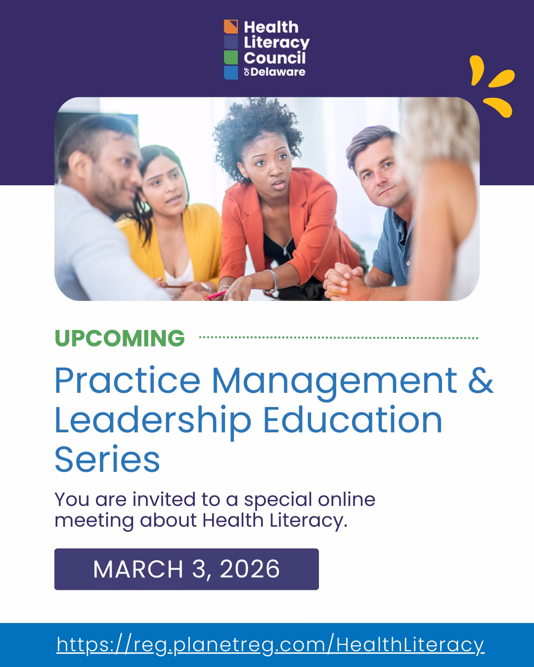 A group of diverse adults sits around a table, engaged in discussion. Text promotes the Practice Management & Leadership Education Series online meeting about Health Literacy on March 3, 2026, hosted by the Health Literacy Council of Delaware.